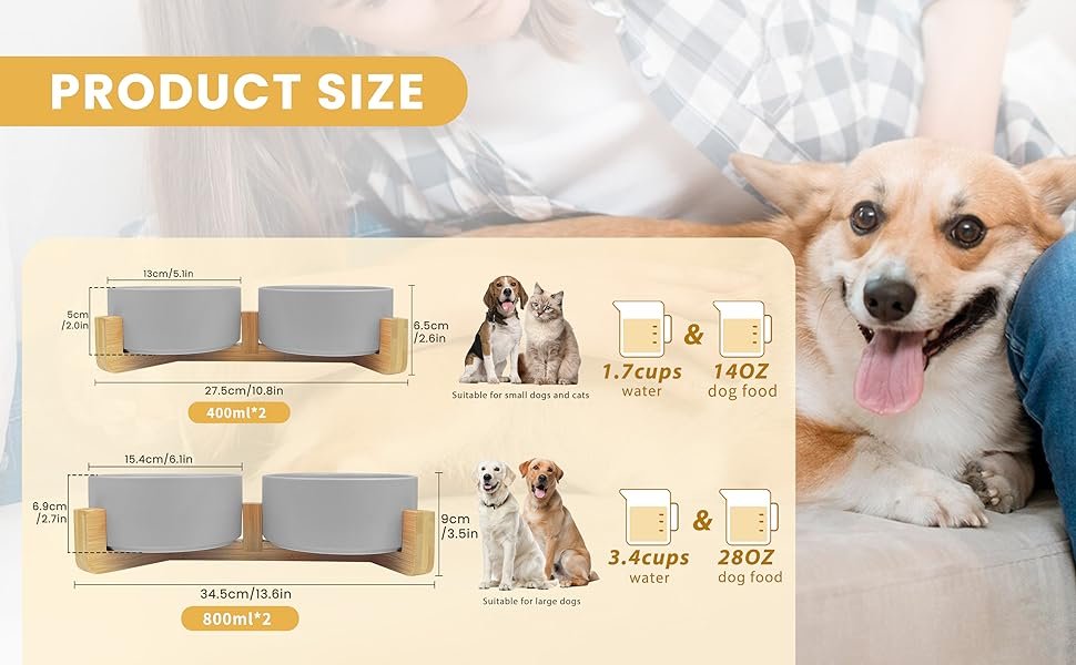 Ceramic pet food and water bowl set with wooden stand is suitable for large medium small dogs cats