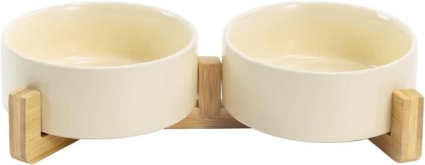 Topsats Ceramic Dog and Cat Bowl with Wood Stand Non-Slip Matte Glaze Weighted Food Water Set for Cats &Small Dogs 13.5OZ