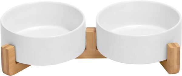 Topsats Ceramic Dog and Cat Bowl with Wood Stand Non-Slip Matte Glaze Weighted Food Water Set for Cats &Small Dogs 13.5OZ