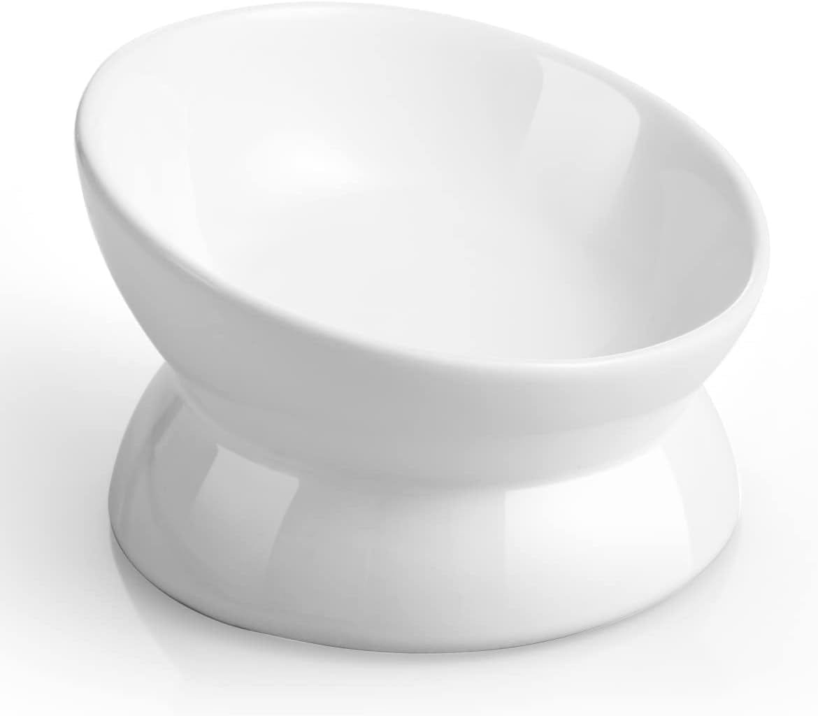 Topsats Elevated Cat Food Bowl, 5 Oz Ceramic Raised and Tilted Water Bowl, Anti Vomiting and Protect Pets’ Spines Dishes for Small Dog, Fat Faced Cat, Kitten (White, 1 Pack)