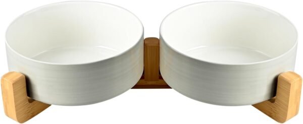 Topsats Ceramic Dog and Cat Bowl with Wood Stand Non-Slip Matte Glaze Weighted Food Water Set for Cats &Small Dogs 13.5OZ