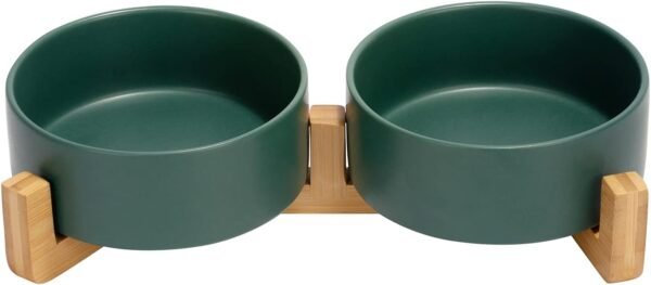 Topsats Ceramic Dog and Cat Bowl with Wood Stand Non-Slip Matte Glaze Weighted Food Water Set for Cats &Small Dogs 13.5OZ