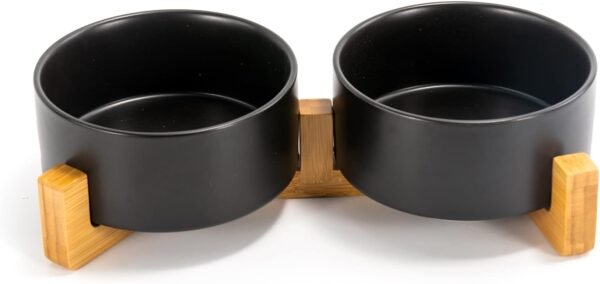 Topsats Ceramic Dog and Cat Bowl with Wood Stand Non-Slip Matte Glaze Weighted Food Water Set for Cats &Small Dogs 13.5OZ
