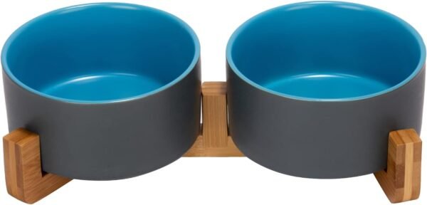 Topsats Ceramic Dog and Cat Bowl with Wood Stand Non-Slip Matte Glaze Weighted Food Water Set for Cats &Small Dogs 13.5OZ