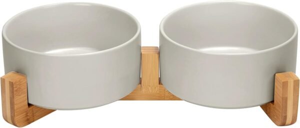 Topsats Ceramic Dog and Cat Bowl with Wood Stand Non-Slip Matte Glaze Weighted Food Water Set for Cats &Small Dogs 13.5OZ
