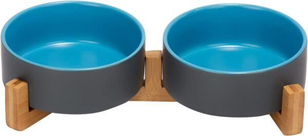 Topsats Ceramic Dog and Cat Bowl with Wood Stand Non-Slip Matte Glaze Weighted Food Water Set for Cats &Small Dogs 13.5OZ