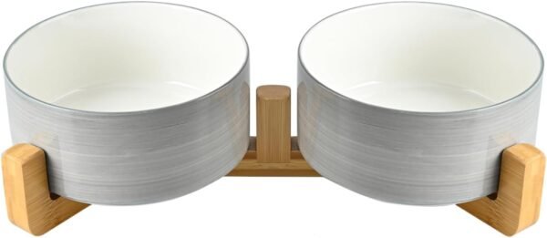 Topsats Ceramic Dog and Cat Bowl with Wood Stand Non-Slip Matte Glaze Weighted Food Water Set for Cats &Small Dogs 13.5OZ