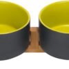 Topsats Ceramic Dog and Cat Bowl with Wood Stand Non-Slip Matte Glaze Weighted Food Water Set for Cats &Small Dogs 13.5OZ