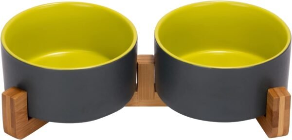 Topsats Ceramic Dog and Cat Bowl with Wood Stand Non-Slip Matte Glaze Weighted Food Water Set for Cats &Small Dogs 13.5OZ