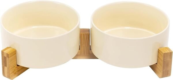 Topsats Ceramic Dog and Cat Bowl with Wood Stand Non-Slip Matte Glaze Weighted Food Water Set for Cats &Small Dogs 13.5OZ