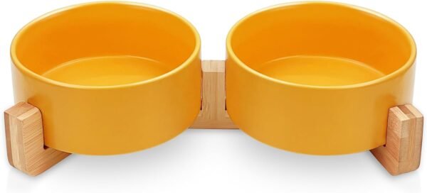 Topsats Ceramic Pet Bowls for Dog and Cat, Raised Dog Food and Water Bowl Set with Anti-Slip Wooden Stand, Grey Pets Dish Feeding Bowls Suitable for Small, Medium and Big Cats Dogs, 28 OZ