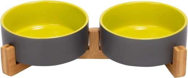 Topsats Ceramic Dog and Cat Bowl with Wood Stand Non-Slip Matte Glaze Weighted Food Water Set for Cats &Small Dogs 13.5OZ