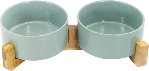 Topsats Ceramic Dog and Cat Bowl with Wood Stand Non-Slip Matte Glaze Weighted Food Water Set for Cats &Small Dogs 13.5OZ