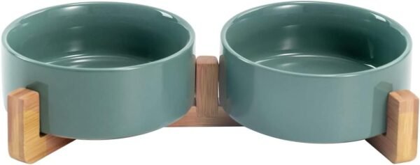 Topsats Ceramic Dog and Cat Bowl with Wood Stand Non-Slip Matte Glaze Weighted Food Water Set for Cats &Small Dogs 13.5OZ