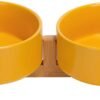 Topsats Ceramic Dog and Cat Bowl with Wood Stand Non-Slip Matte Glaze Weighted Food Water Set for Cats &Small Dogs 13.5OZ