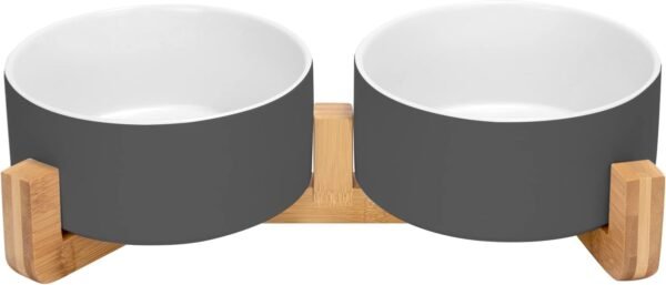 Topsats Ceramic Dog and Cat Bowl with Wood Stand Non-Slip Matte Glaze Weighted Food Water Set for Cats &Small Dogs 13.5OZ