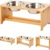 Topsats Pet bowls for Cats and Small Dogs, Bamboo Elevated Dog Cat Food and Water Bowls Stand Feeder with 2 Stainless Steel Bowls and Anti Slip Feet (4” Tall-20 oz bowl)