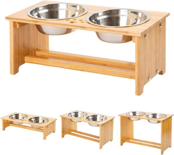 Topsats Pet bowls for Cats and Small Dogs, Bamboo Elevated Dog Cat Food and Water Bowls Stand Feeder with 2 Stainless Steel Bowls and Anti Slip Feet (4” Tall-20 oz bowl)