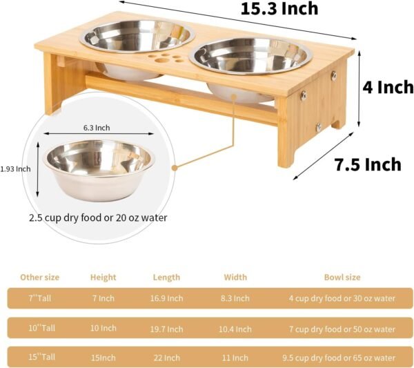 Topsats Pet bowls for Cats and Small Dogs, Bamboo Elevated Dog Cat Food and Water Bowls Stand Feeder with 2 Stainless Steel Bowls and Anti Slip Feet (4” Tall-20 oz bowl)