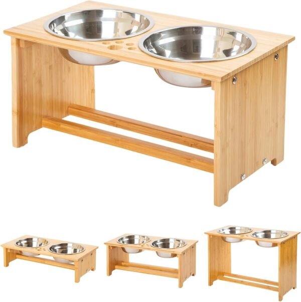 Topsats Pet bowls for Cats and Small Dogs, Bamboo Elevated Dog Cat Food and Water Bowls Stand Feeder with 2 Stainless Steel Bowls and Anti Slip Feet (4” Tall-20 oz bowl)