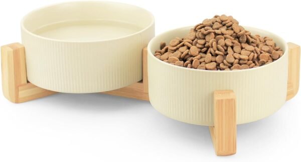 Topsats Ceramic Pet Bowls for Dog and Cat, No Spill Dog Food and Water Bowl Set with Anti-Slip Wooden Stand, Riased Puppy Feeding Dishes Suitable for Small, Medium and Large Cats Dogs, Green 28 OZ