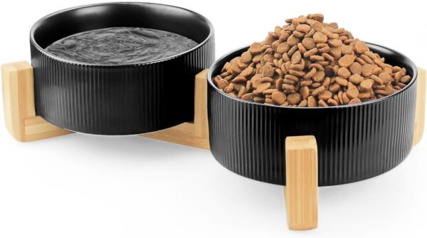 Topsats Ceramic Pet Bowls for Dog and Cat, No Spill Dog Food and Water Bowl Set with Anti-Slip Wooden Stand, Riased Puppy Feeding Dishes Suitable for Small, Medium and Large Cats Dogs, Green 28 OZ