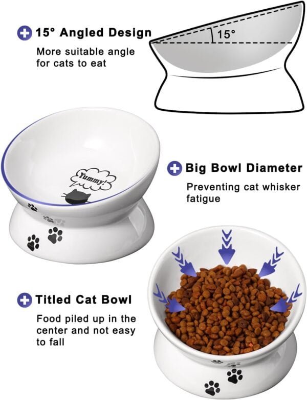 Topsats Cat Bowl Anti Vomiting, Raised Cat Food Bowls, Tilted Elevated Cat Bowl, Ceramic Pet Food Bowl for Flat Faced Cats, Small Dogs, Protect Pet’s Spine, Dishwasher Safe