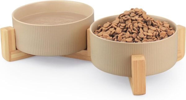 Topsats Ceramic Pet Bowls for Dog and Cat, No Spill Dog Food and Water Bowl Set with Anti-Slip Wooden Stand, Riased Puppy Feeding Dishes Suitable for Small, Medium and Large Cats Dogs, Green 28 OZ