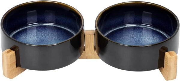 Topsats Ceramic Dog and Cat Bowl with Wood Stand Non-Slip Matte Glaze Weighted Food Water Set for Cats &Small Dogs 13.5OZ