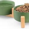 Topsats Ceramic Pet Bowls for Dog and Cat, No Spill Dog Food and Water Bowl Set with Anti-Slip Wooden Stand, Riased Puppy Feeding Dishes Suitable for Small, Medium and Large Cats Dogs, Green 28 OZ