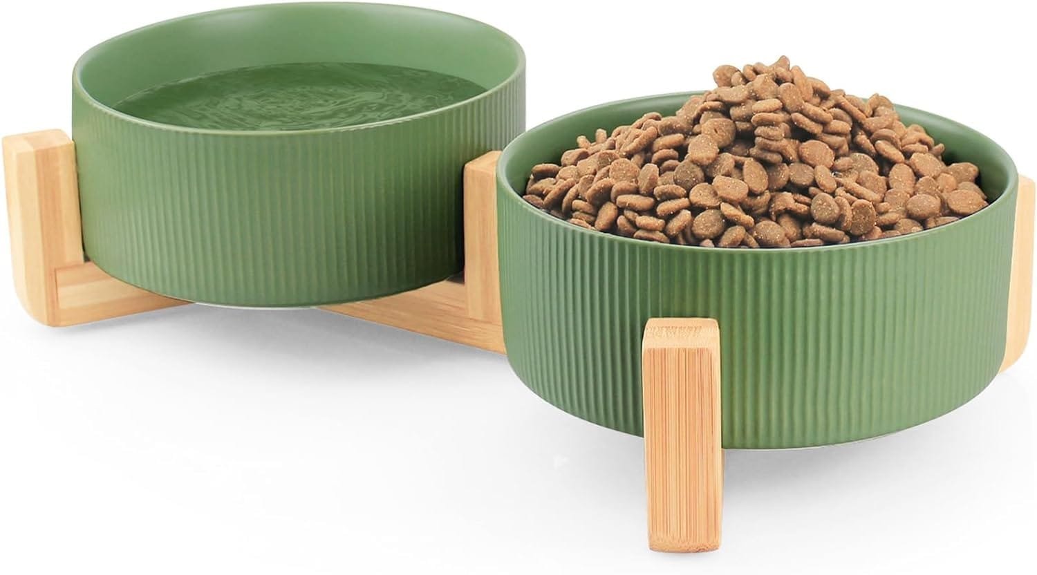 Topsats Ceramic Pet Bowls for Dog and Cat, No Spill Dog Food and Water Bowl Set with Anti-Slip Wooden Stand, Riased Puppy Feeding Dishes Suitable for Small, Medium and Large Cats Dogs, Green 28 OZ