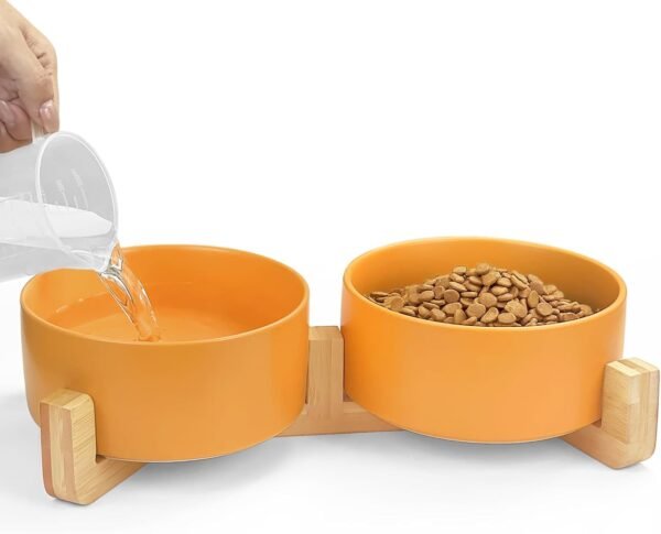 Topsats Ceramic Pet Bowls for Dog and Cat, Raised Dog Food and Water Bowl Set with Anti-Slip Wooden Stand, Grey Pets Dish Feeding Bowls Suitable for Small, Medium and Big Cats Dogs, 28 OZ