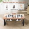 Topsats Elevated Cat Bowls, 15?? Tilted Raised Cat Food Bowls Wood Pet Bowls with Stand Anti Vomiting 2 Stainless Steel Bowls for Cats and Puppy