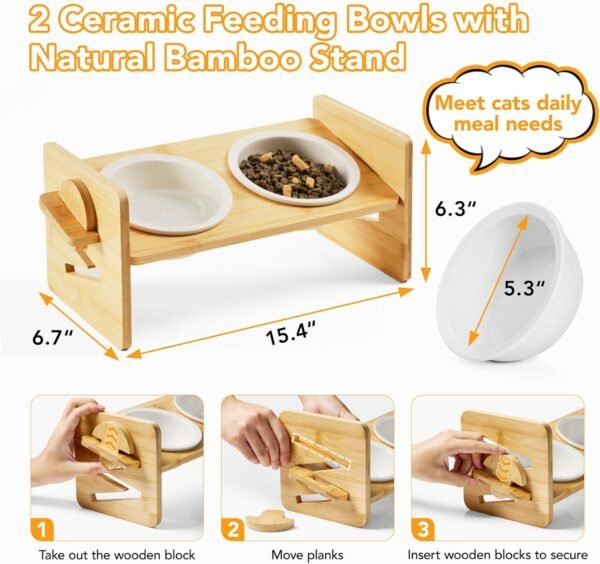 Topsats Elevated Pet Bowls for Cats & Small Dogs, Natural Bamboo with Ceramic Raised Small Dog Bowls, Cat Food Dish Bowls Elevated and 15?? Tilted, Whisker Friendly, Dishwasher Safe