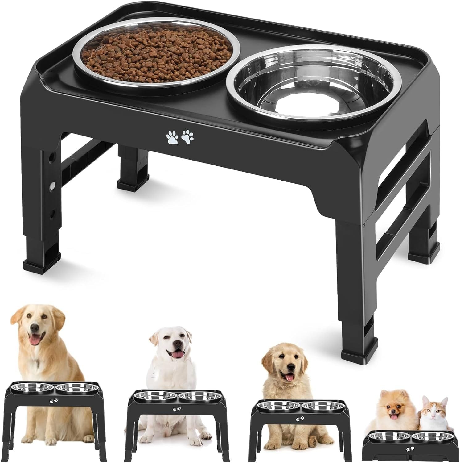 Topsats Elevated Dog Bowls, 4 Height Adjustable Raised Dog Bowl Stand with 2 Thick 50oz Stainless Steel Dog Food Bowls Non-Slip Dog Feeder for Large Medium Dogs Adjusts to 3.7″, 9.2″, 10.75″, 12.36″ Black