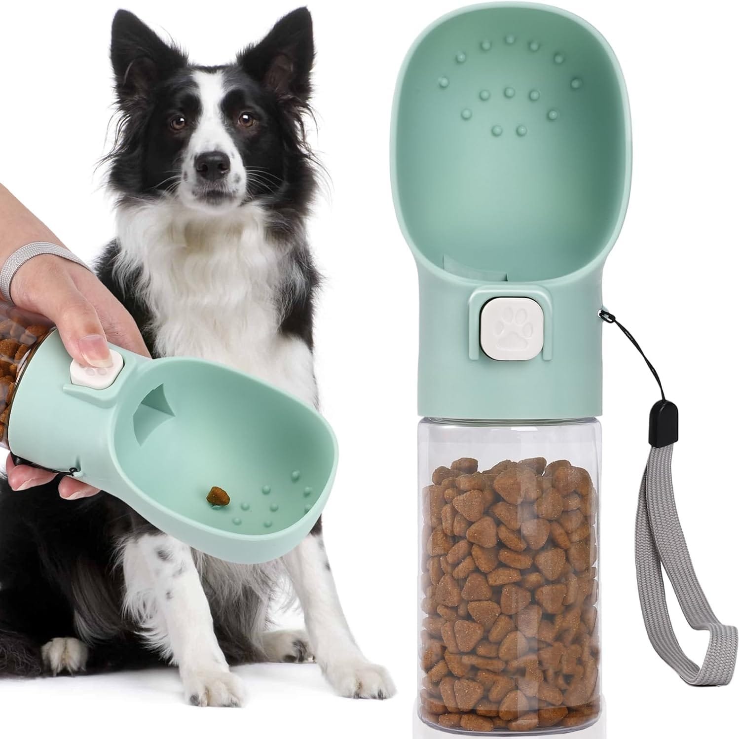 Topsats Handheld Dog Food & Treat Dispenser Built-in Clicker & Treat Pouch, Handy Feeder for Puppy Training Walking Hiking Traveling (10 OZ, Green)