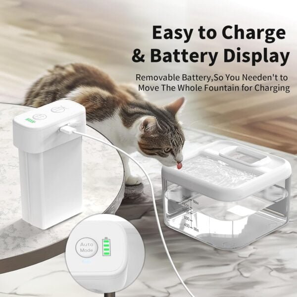 Topsats Battery Operated Cat Water Fountain,68Oz/2L Cat Fountains for Drinking with Motion Sensor,Wireless Water Fountains for Cats Indoor/Outdoor,Quiet Pump, BPA-Free