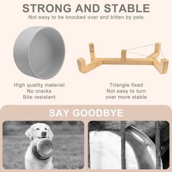 Topsats Ceramic Pet Bowls for Dog and Cat, Raised Dog Food and Water Bowl Set with Anti-Slip Wooden Stand, Grey Pets Dish Feeding Bowls Suitable for Small, Medium and Big Cats Dogs, 28 OZ