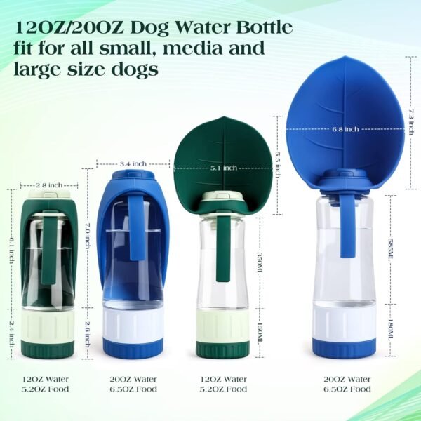 Topsats Upgraded Dog Water Bottle, Portable Dog Cat Puppy Pet Water Dispenser Feeder with Drinking Cup and Food Container Leak Proof for Outdoor Walking, Travel, Hiking 12OZ