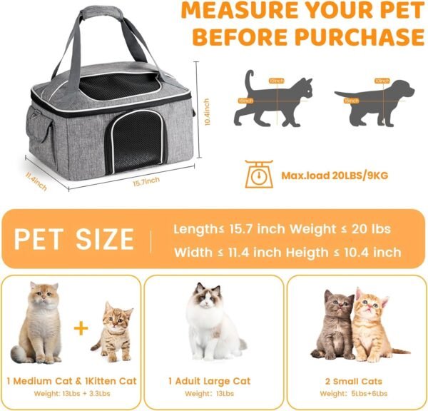 Topsats Cat Carrier Soft for 2 Kitten Cats 16x12x11 inches Small Pet Dog Carrier Pet Carrier Airline Approved, Foldable Traval Cat Carrying Bag Under 20lbs