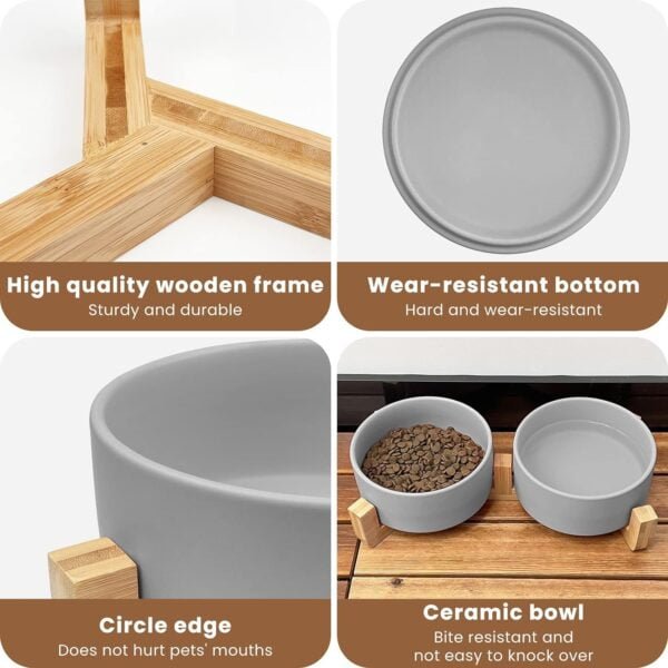 Topsats Ceramic Pet Bowls for Dog and Cat, Raised Dog Food and Water Bowl Set with Anti-Slip Wooden Stand, Grey Pets Dish Feeding Bowls Suitable for Small, Medium and Big Cats Dogs, 28 OZ