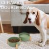 Topsats Ceramic Pet Bowls for Dog and Cat, No Spill Dog Food and Water Bowl Set with Anti-Slip Wooden Stand, Riased Puppy Feeding Dishes Suitable for Small, Medium and Large Cats Dogs, Green 28 OZ