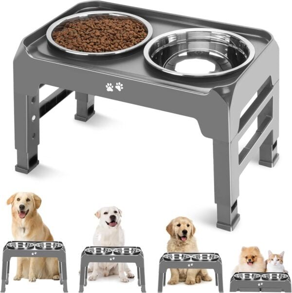 Topsats Elevated Dog Bowls, 4 Height Adjustable Raised Dog Bowl Stand with 2 Thick 50oz Stainless Steel Dog Food Bowls Non-Slip Dog Feeder for Large Medium Dogs Adjusts to 3.7″, 9.2″, 10.75″, 12.36″ Black