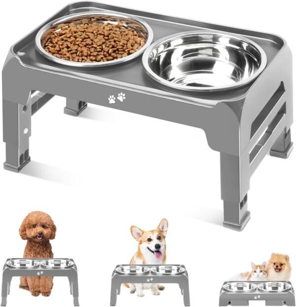 Topsats Elevated Dog Bowls, 4 Height Adjustable Raised Dog Bowl Stand with 2 Thick 50oz Stainless Steel Dog Food Bowls Non-Slip Dog Feeder for Large Medium Dogs Adjusts to 3.7″, 9.2″, 10.75″, 12.36″ Black