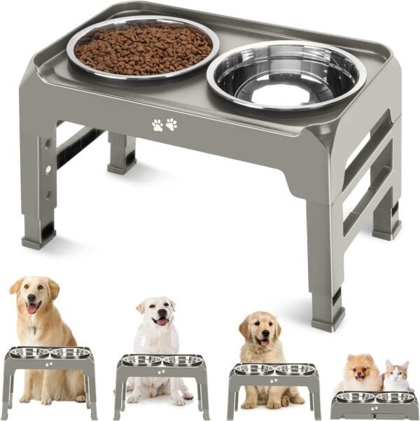 Topsats Elevated Dog Bowls, 4 Height Adjustable Raised Dog Bowl Stand with 2 Thick 50oz Stainless Steel Dog Food Bowls Non-Slip Dog Feeder for Large Medium Dogs Adjusts to 3.7″, 9.2″, 10.75″, 12.36″ Black