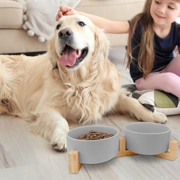 Topsats Ceramic Pet Bowls for Dog and Cat, Raised Dog Food and Water Bowl Set with Anti-Slip Wooden Stand, Grey Pets Dish Feeding Bowls Suitable for Small, Medium and Big Cats Dogs, 28 OZ