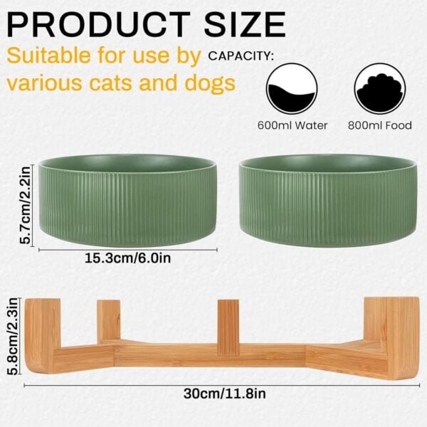 Topsats Ceramic Pet Bowls for Dog and Cat, No Spill Dog Food and Water Bowl Set with Anti-Slip Wooden Stand, Riased Puppy Feeding Dishes Suitable for Small, Medium and Large Cats Dogs, Green 28 OZ