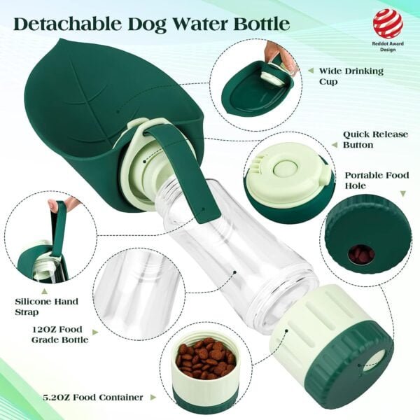 Topsats Upgraded Dog Water Bottle, Portable Dog Cat Puppy Pet Water Dispenser Feeder with Drinking Cup and Food Container Leak Proof for Outdoor Walking, Travel, Hiking 12OZ