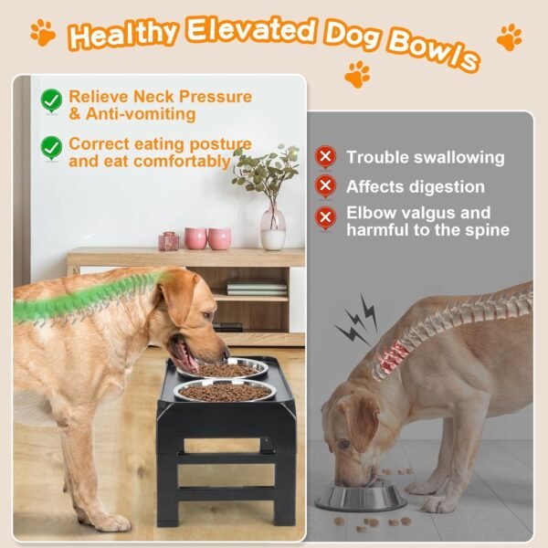 Topsats Elevated Dog Bowls, 4 Height Adjustable Raised Dog Bowl Stand with 2 Thick 50oz Stainless Steel Dog Food Bowls Non-Slip Dog Feeder for Large Medium Dogs Adjusts to 3.7″, 9.2″, 10.75″, 12.36″ Black