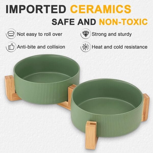 Topsats Ceramic Pet Bowls for Dog and Cat, No Spill Dog Food and Water Bowl Set with Anti-Slip Wooden Stand, Riased Puppy Feeding Dishes Suitable for Small, Medium and Large Cats Dogs, Green 28 OZ